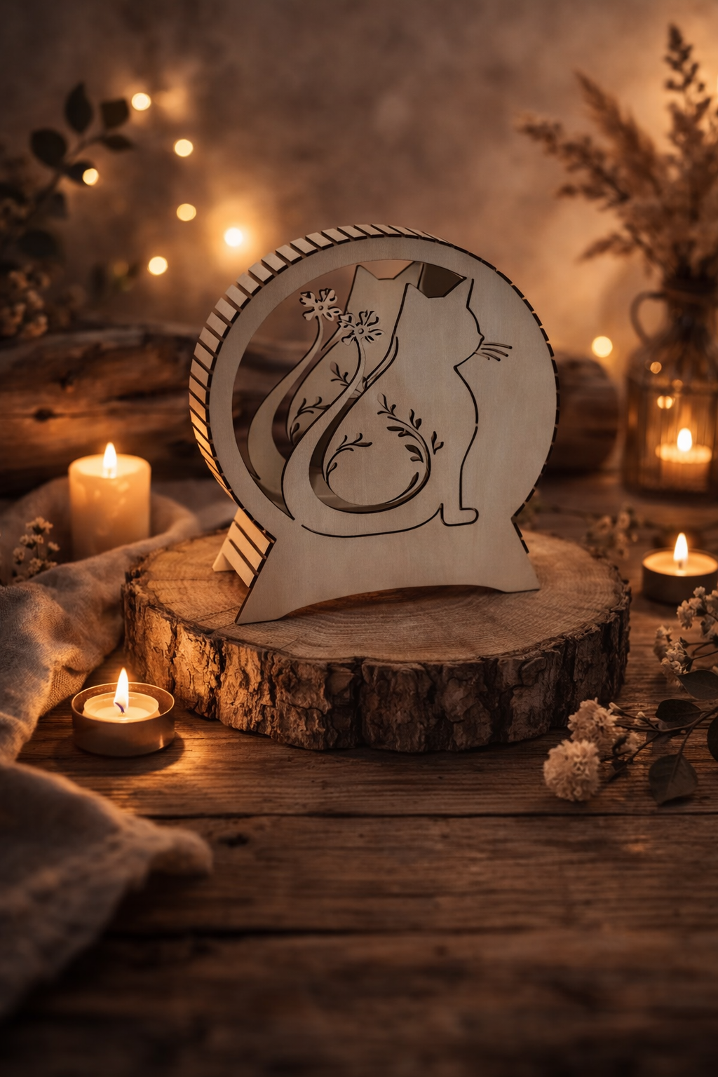 Lampe chat en bois personnalisée – Décoration artisanale