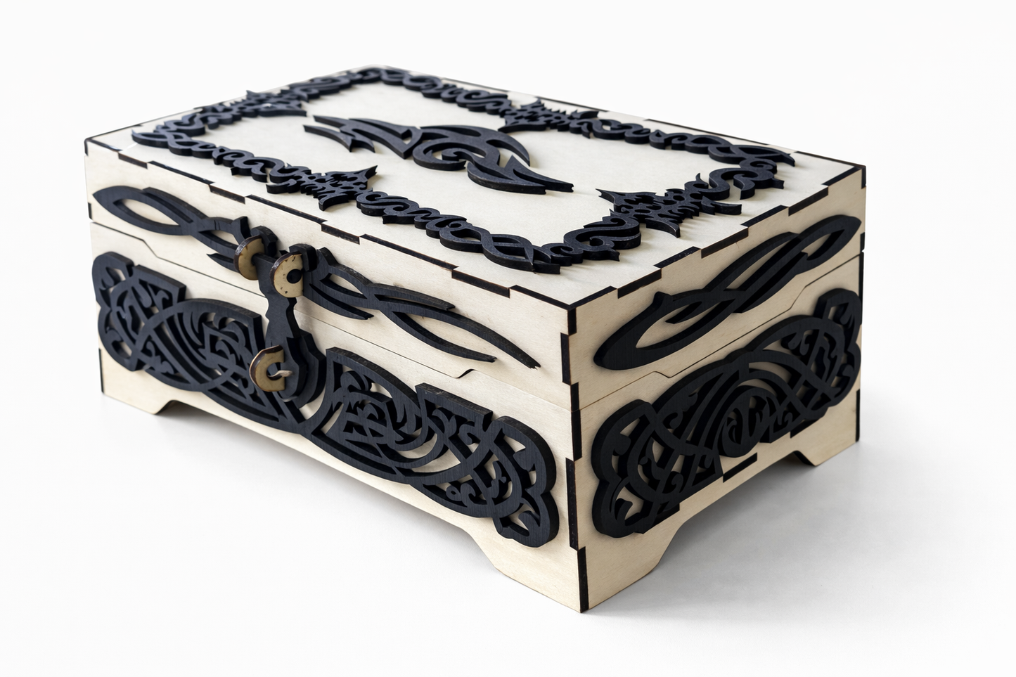 Boîte à bijoux décorative en bois – Motifs noirs découpés au laser