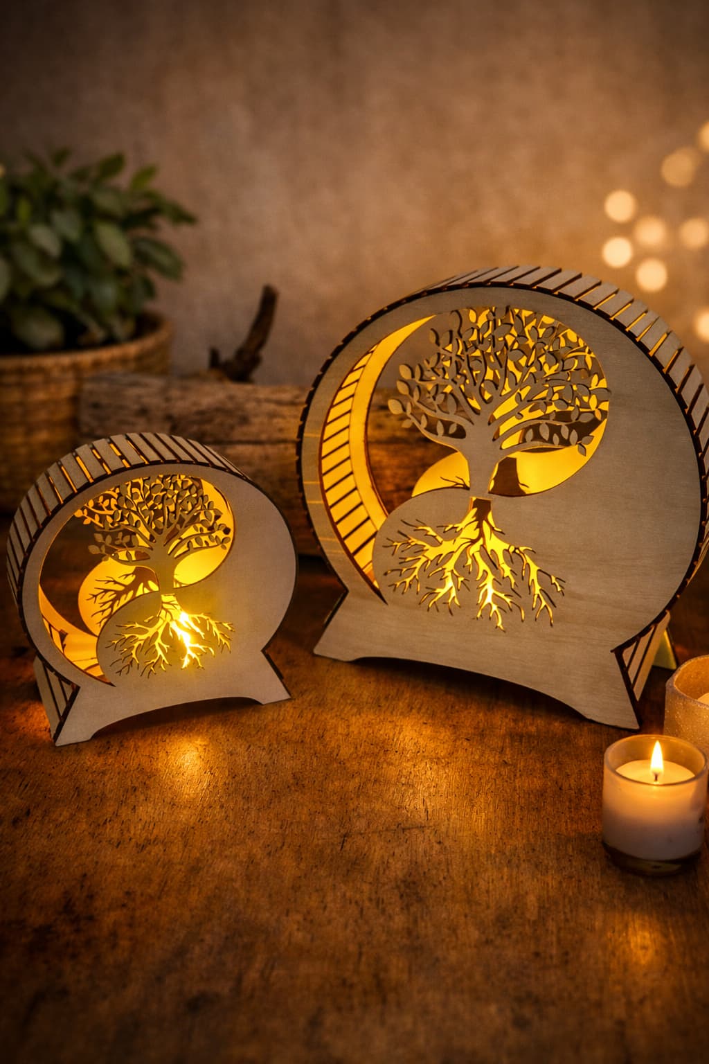 Lampes en bois lumineuses artisanales Crealaz dans une ambiance chaleureuse