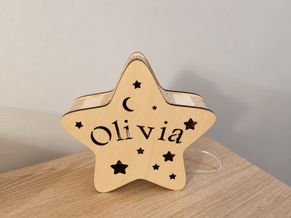 Veilleuse étoile personnalisée en bois Olivia éteinte, photo retouchée