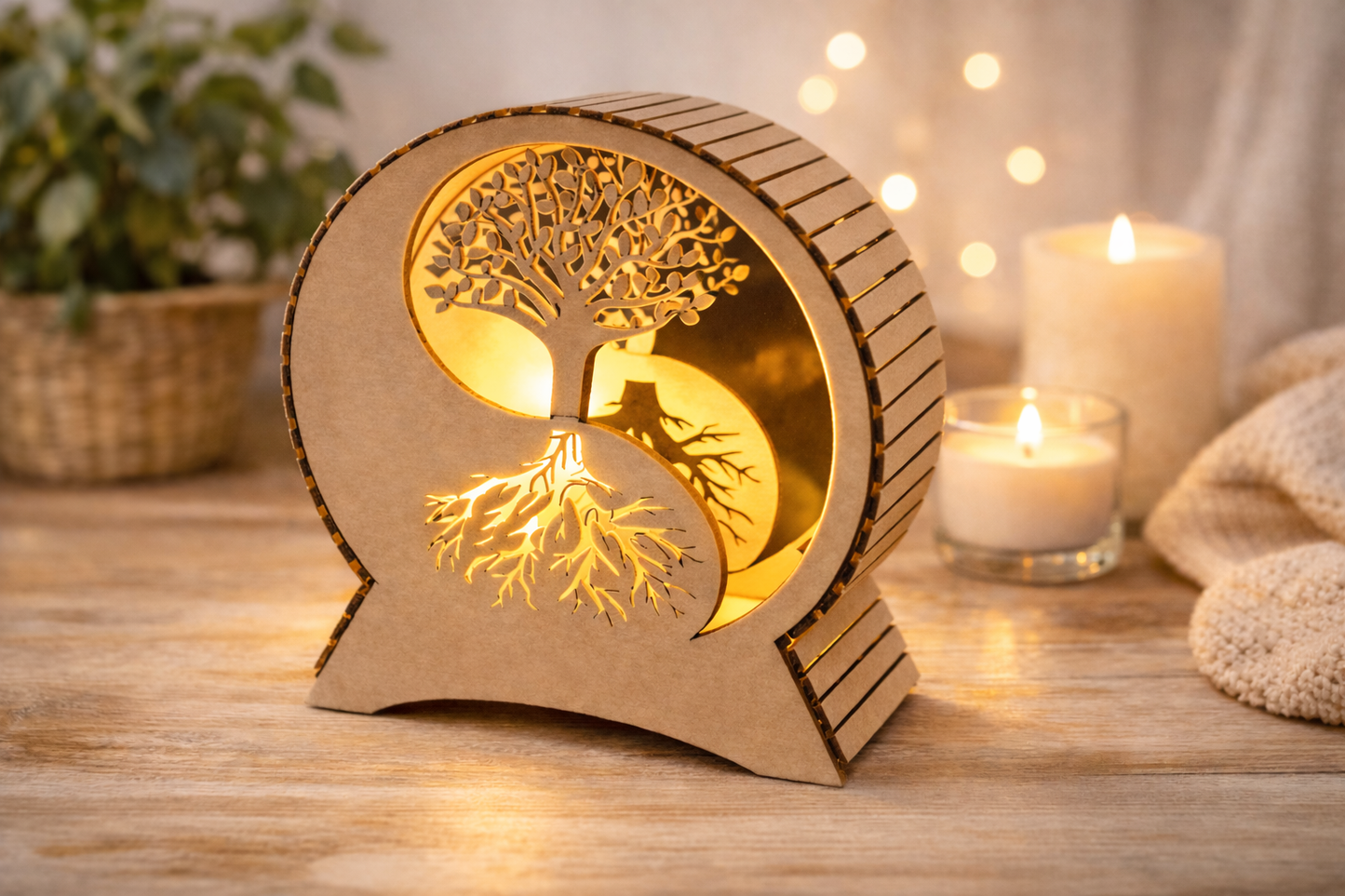 Lampe arbre de vie en bois allumee decoration interieure artisanale Crealaz