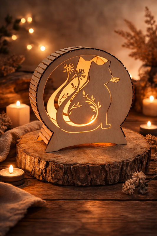 Lampe chat en bois personnalisée – Décoration artisanale